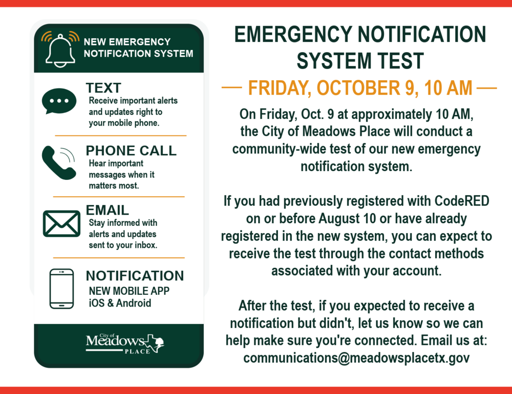 Emergency notification system test graphic announcing a community wide test on Friday, October 9 at approximately 10 a.m. The graphic explains that notifications may be received by text, phone call, email, and the Meadows Place mobile app, and provides information for residents previously registered with CodeRED or the new system.