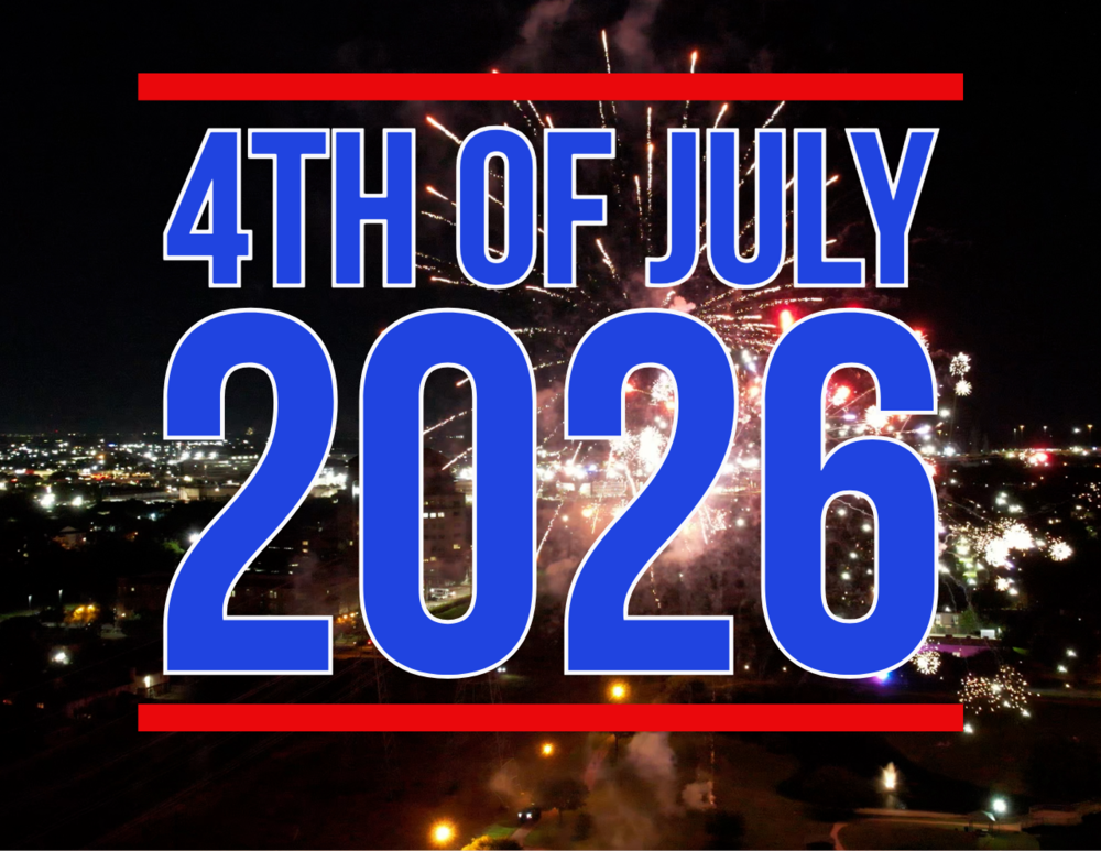 Graphic promoting Independence Day with a nighttime fireworks display over a city skyline. Large blue text reads "4TH OF JULY" above "2026," framed by red horizontal bars at the top and bottom.