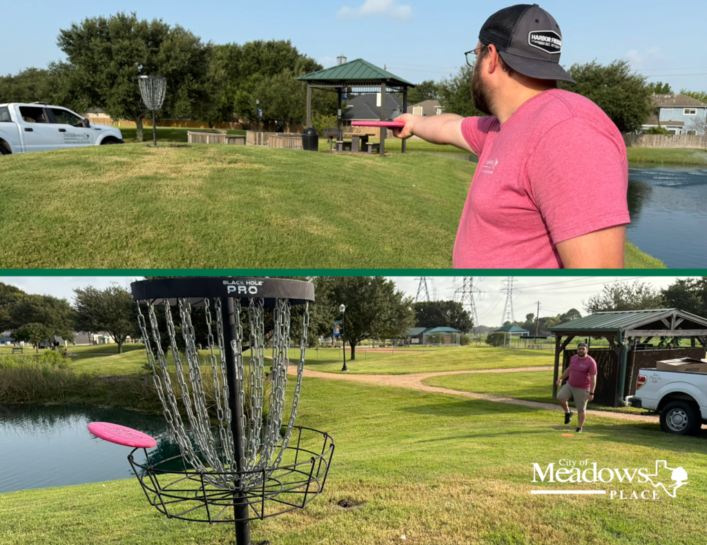 Collage of two photos showing a person playing disc golf at Meadows Place. The top photo shows the player throwing a pink disc toward a basket, and the bottom photo shows the disc entering the basket beside a pond. The City of Meadows Place logo appears in the lower right corner.