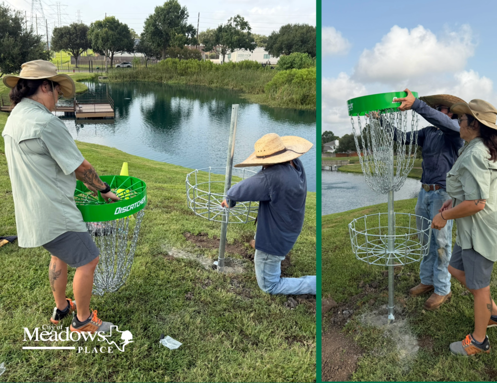 Collage of two photos showing Parks and Recreation staff installing a new disc golf basket beside a pond. One photo shows workers positioning the basket, and the other shows them securing the basket's top section. The City of Meadows Place logo appears in the lower left corner.