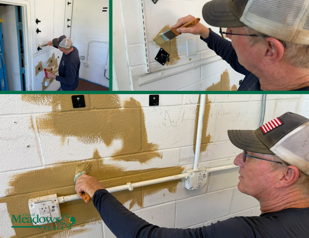 Three-photo collage showing a Meadows Place staff member painting the interior cinder block walls of a city facility.