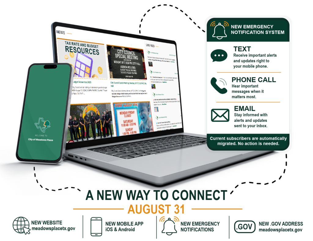 Graphic announcing Meadows Place’s new digital communication tools launching August 31, including a new website, mobile app, emergency notification system with text, phone call and email alerts, and a new .gov web address.