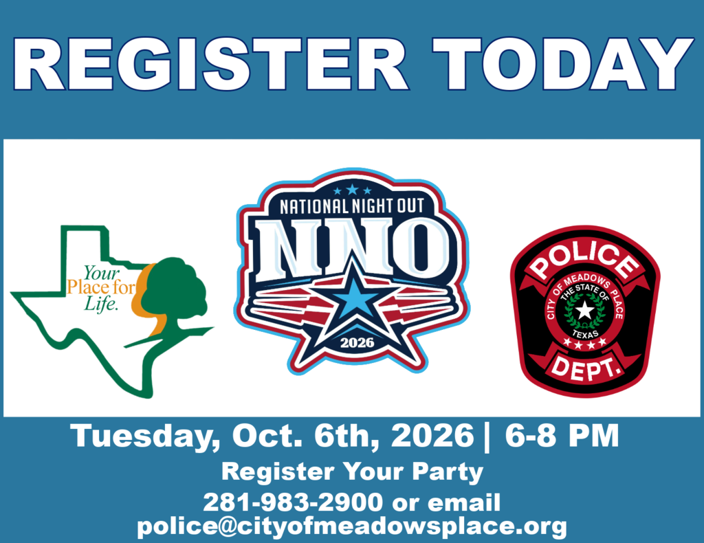 Graphic promoting National Night Out on Tuesday, October 6, from 6 to 8 p.m. and encouraging Meadows Place residents to register their neighborhood party by phone or email.