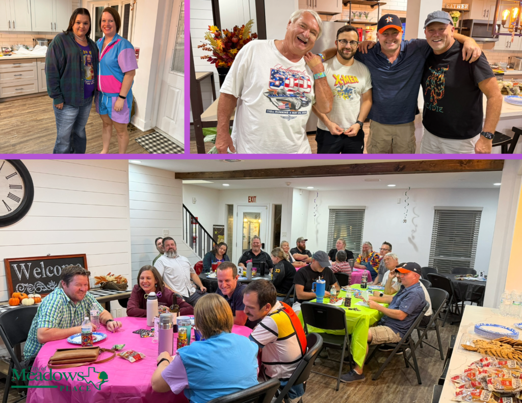 Participants pose in 90s themed outfits and gather around tables during the Back to the 90s Trivia Night at the Discovery & Nature Center.