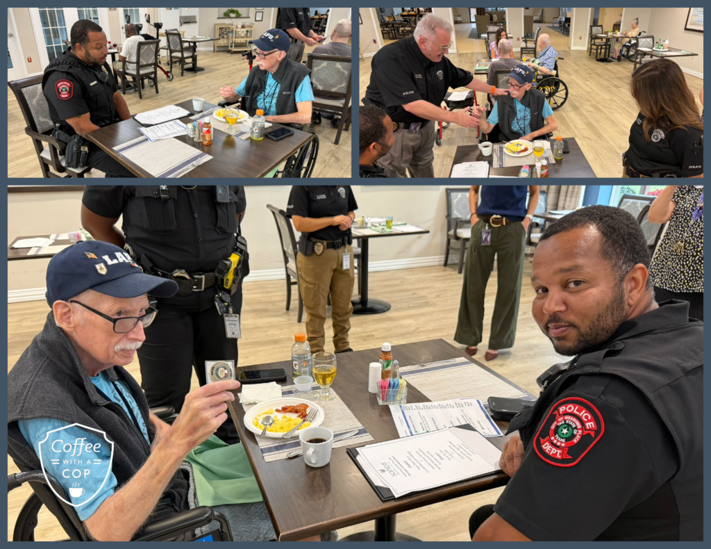 A collage of three photos from Coffee with a Cop at The Jasper of Meadows Place. Police officers visit with a resident seated at a dining table, sharing conversation over breakfast and coffee.