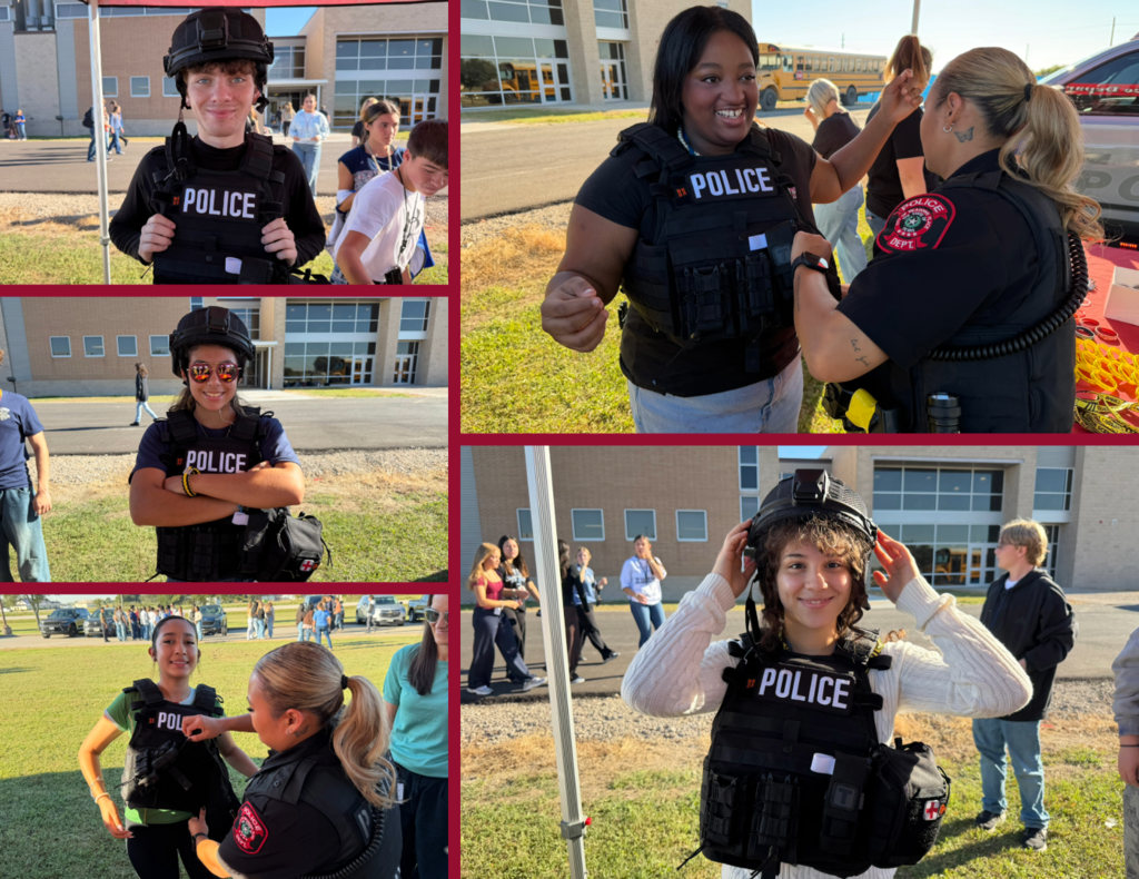 A collage of five photos from Needville High School's Law Enforcement & Public Service Showcase. Students try on police tactical vests and helmets while a Meadows Place police officer helps them with the equipment.