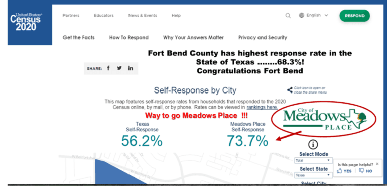 CENSUS 2020 – Great Response Meadows Place & Fort Bend County