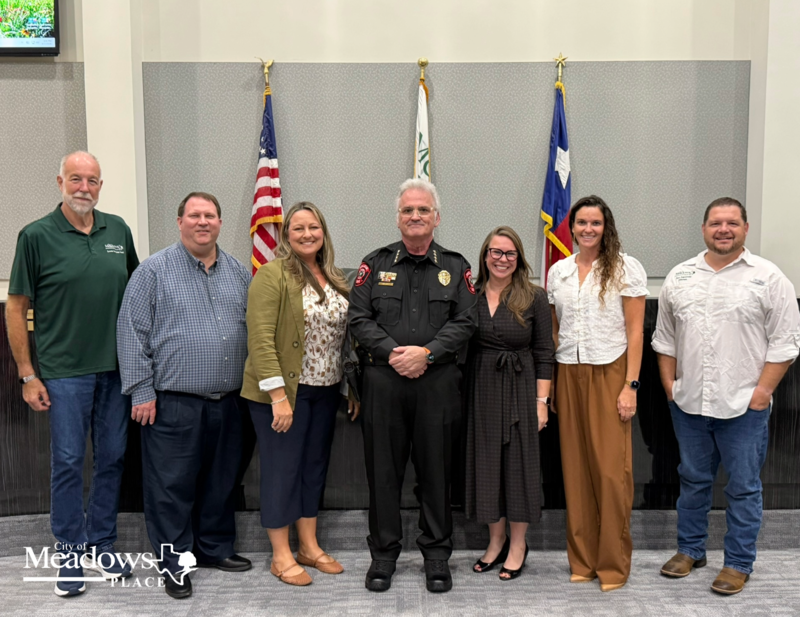 Police Chief Jack Ashton stands with Meadows Place elected officials following his swearing in ceremony. Pictured are Aldermen Mertins, Staigle, Baker, Mayor St. Germain, and Aldermen Merkley and Kopczynski.