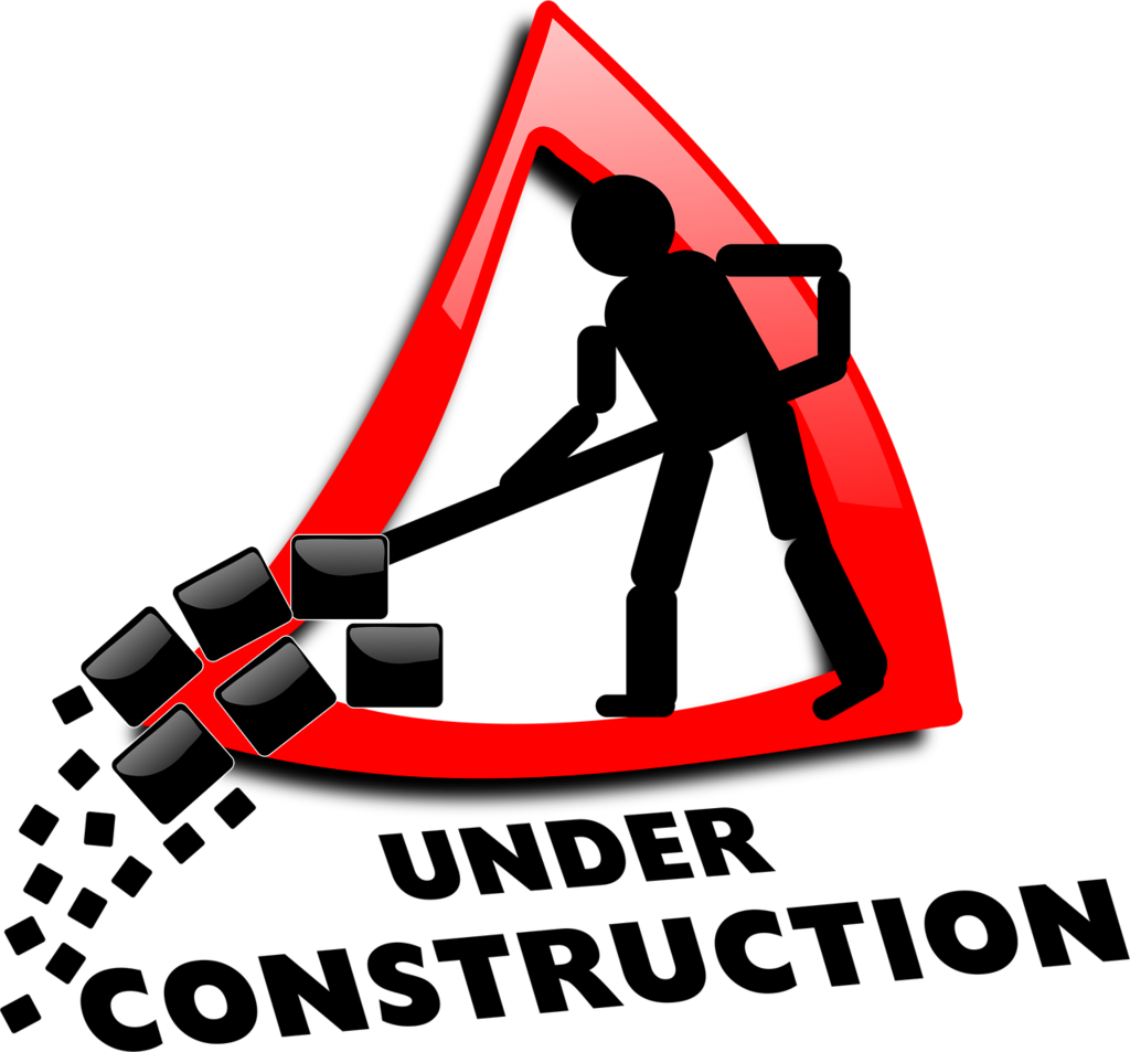 Stick figure shoveling dirt on a caution sign