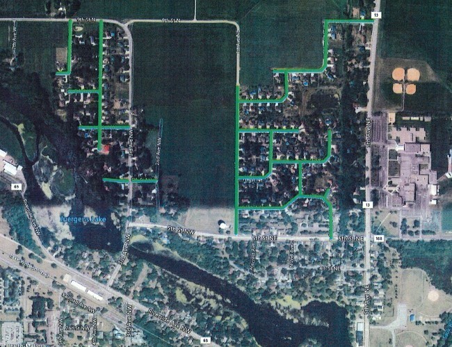 Map of streets in melrose being paved in green