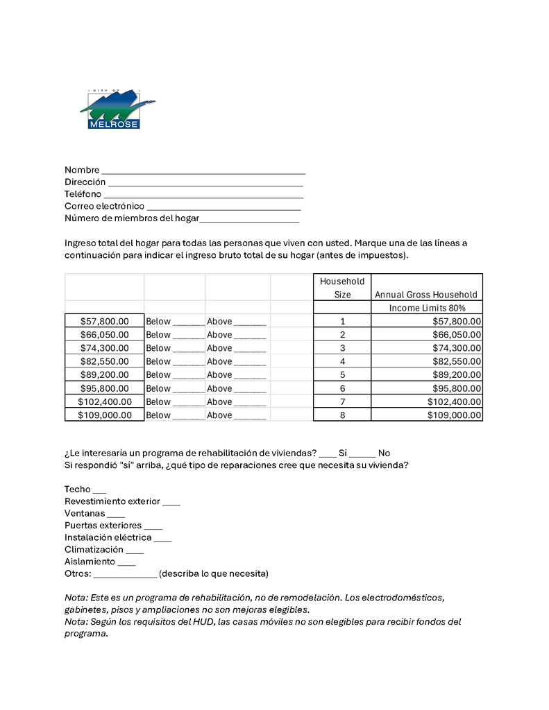 2nd page of survey in spanish asking household income and if they want  rehabilitation done on their house.