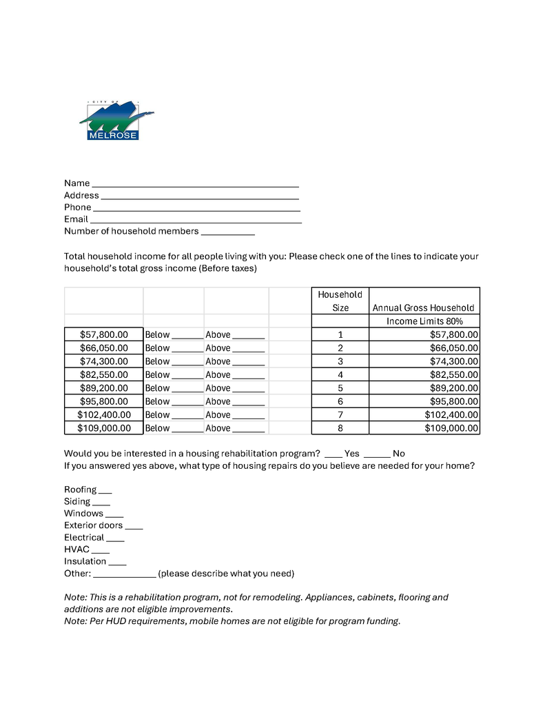 2nd  page of survey in english asking household income and if they want  rehabilitation done on their house.