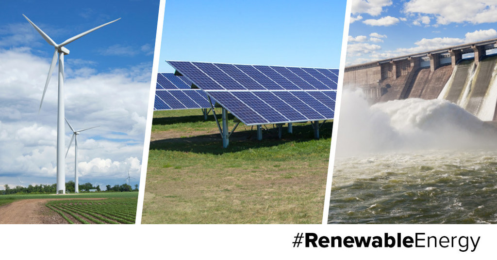 windmill, solar panels, and a dam
