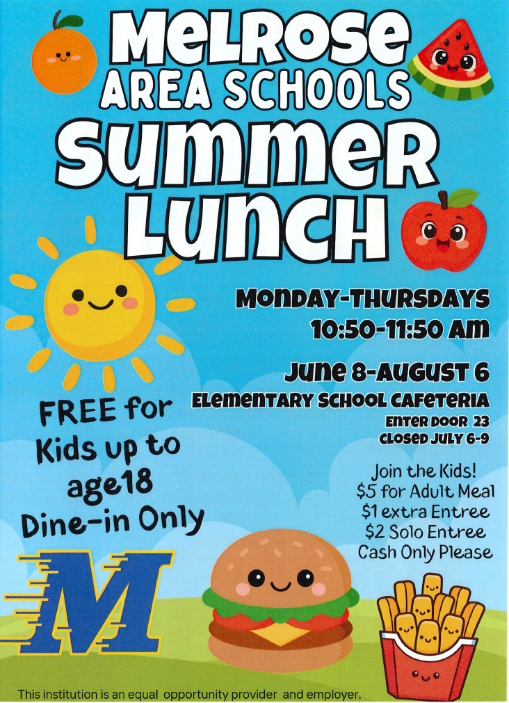 A flyer of free melrose summer lunches for kids up to 18