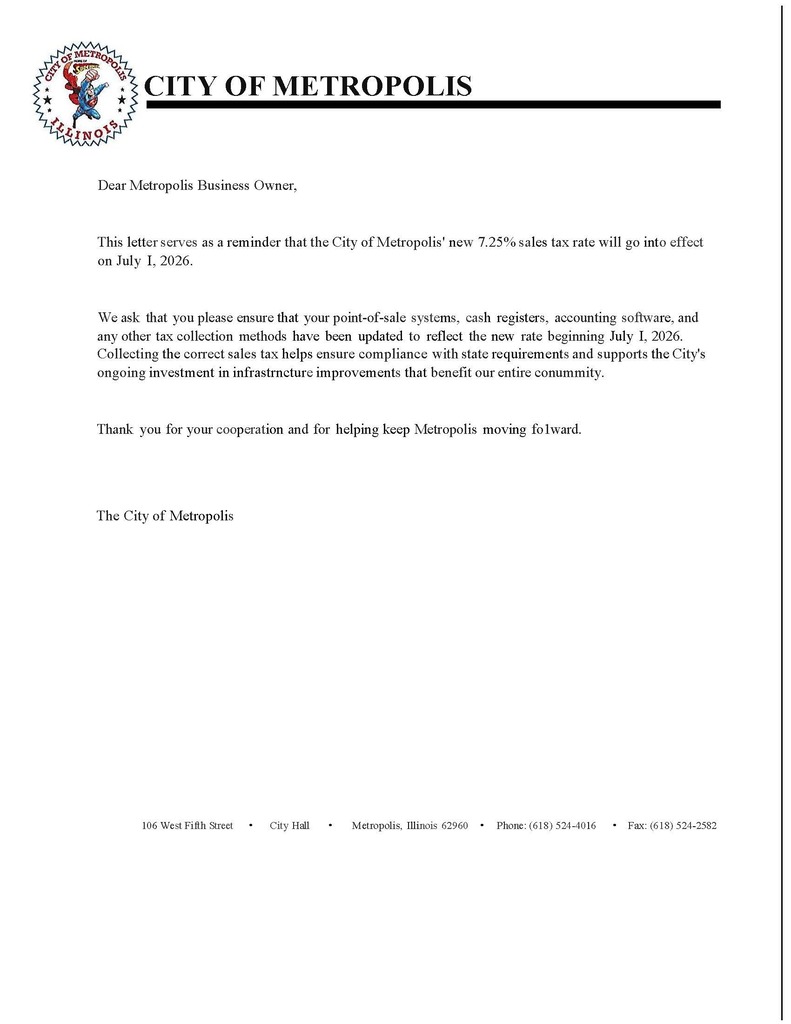 Reminder of the new 7.25% sales tax rate that goes into effect on July 1, 2026