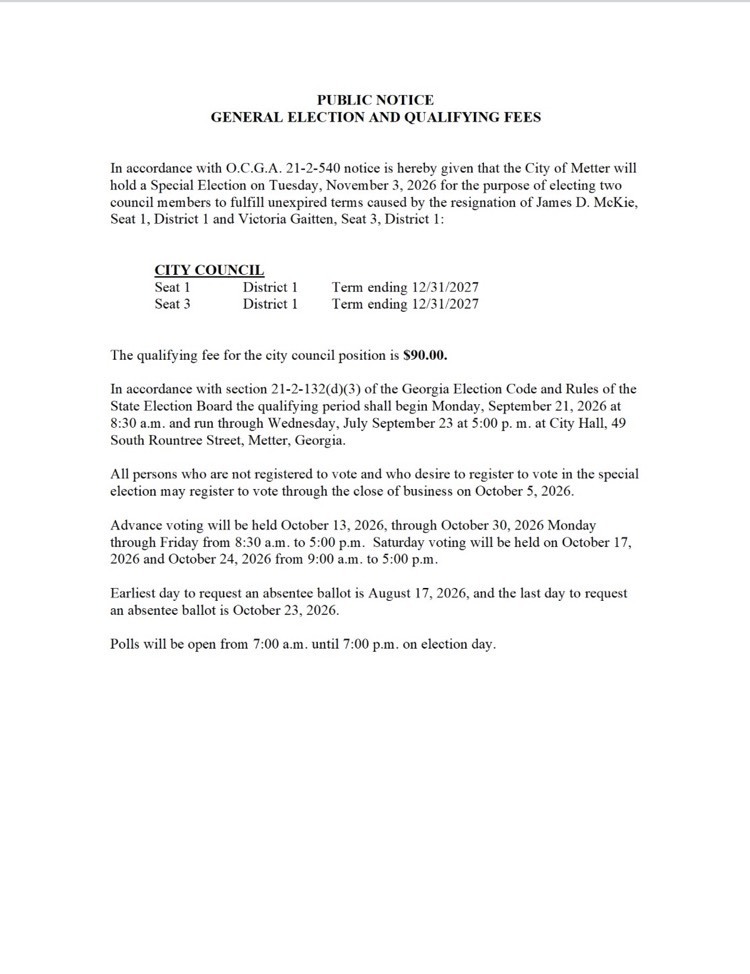 SPECIAL ELECTION PUBLIC NOTICE