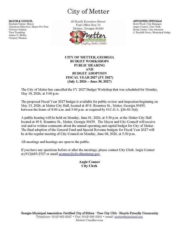 Public Notice - Cancelled FY 2027 Budget Workshop Monday, May 18, 2026 @ 5:00 PM 