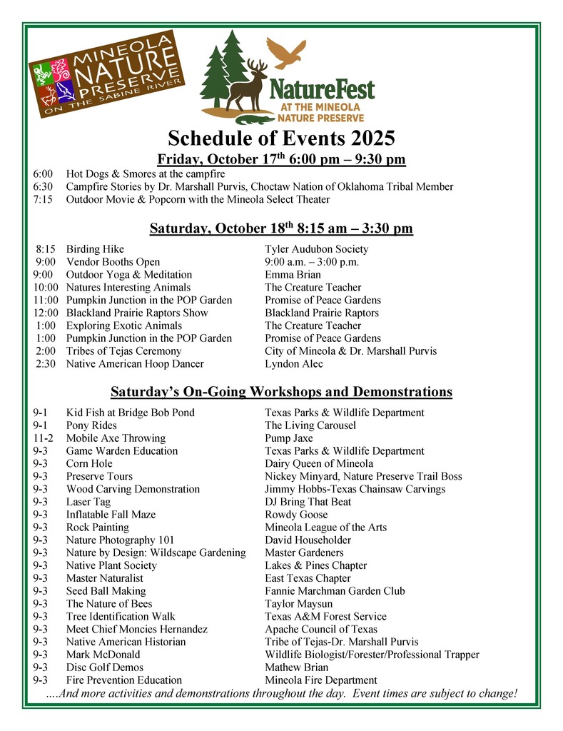 NatureFest Schedule of Events