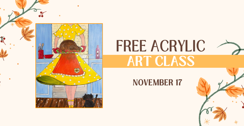 Free Acrylic Art Class on November 17. Painting of a woman holding a turkey in the kitchen
