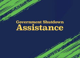 The Words Government Shutdown Assistance on a blue and green styled background