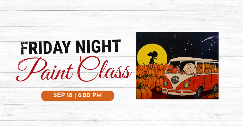 Friday Night Paint Class September 18 at 6:00 pm. Painting of a fall Snoopy scne.