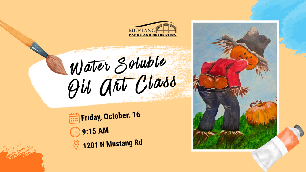 Water Soluble Oil Art Class on Friday October 16 at 9:15 am. Painting of a scarecrow pumpkin