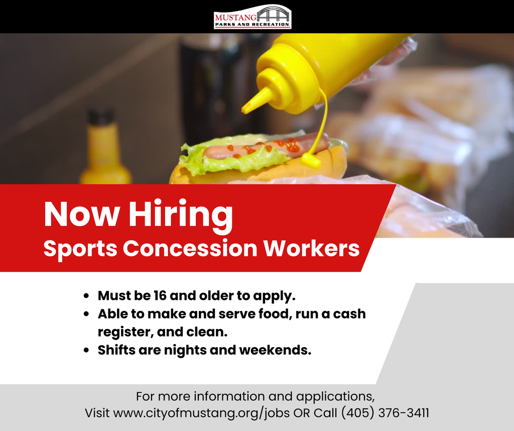 Now Hiring Sports Concession Workers. Must be 16 and older to apply. Able to make and serve food, run a cash register, and clean. Shifts are nights and weekends.