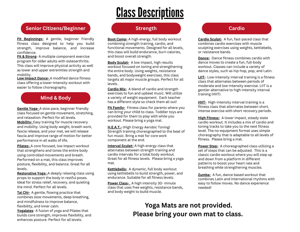 Fitness Class Descriptions August 2025
