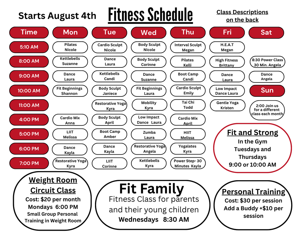 Fitness Schedule August 2025