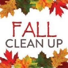 The words Fall Clean Up bordered with brightly colored leaves