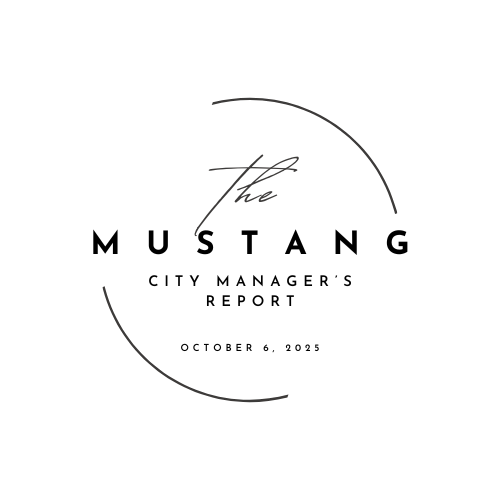 The words "The Mustang City Manager's Report - October 6, 2025" in a semi-circular logo
