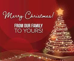 Merry Christmas from our family to yours with a gold spiral Christmas tree