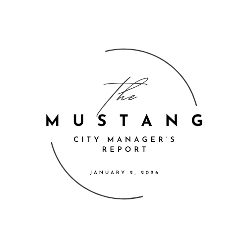 The Mustang City Manager's Report - January 2, 2026 in a circular logo