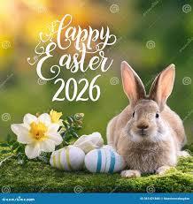 The words Happy Easter 2026 with a bunny and eggs