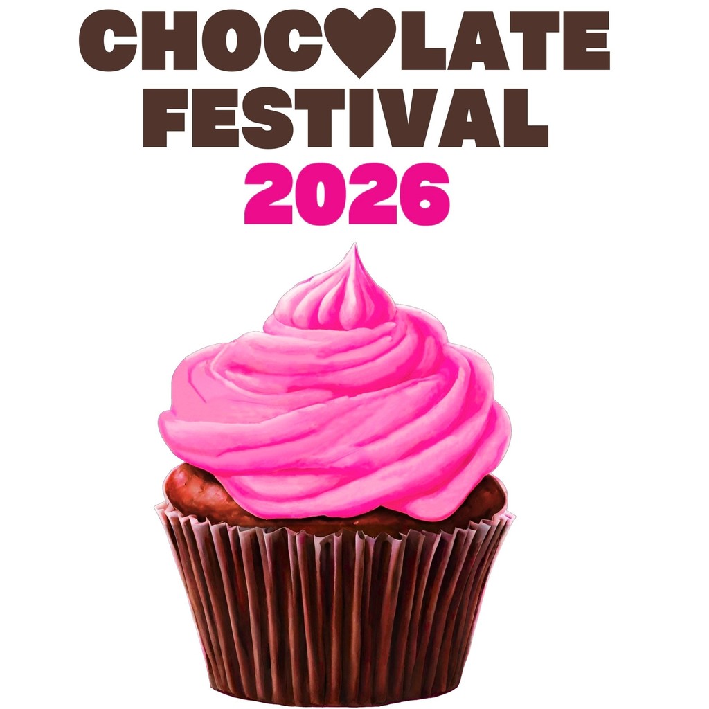 A chocolate cupcake with pink icing with the words Chocolate Festival 2026