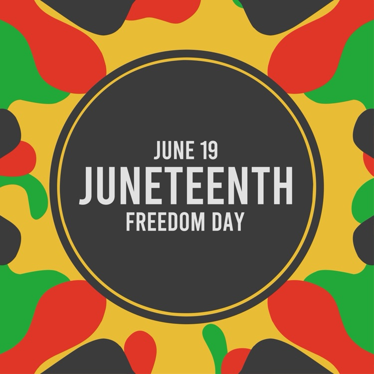 a circle with June 19 - Juneteenth- Freedom Day with golds, greens, reds, and black.