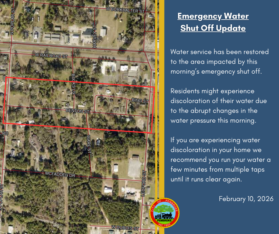 Emergency Water Shut Off Update: Water service has been restored to the area impacted by this morning’s emergency shut off.  Residents might experience discoloration of their water due to the abrupt changes in the water pressure this morning.  If you are experiencing water discoloration in your home we recommend you run your water a few minutes from multiple taps until it runs clear again.  February 10, 2026