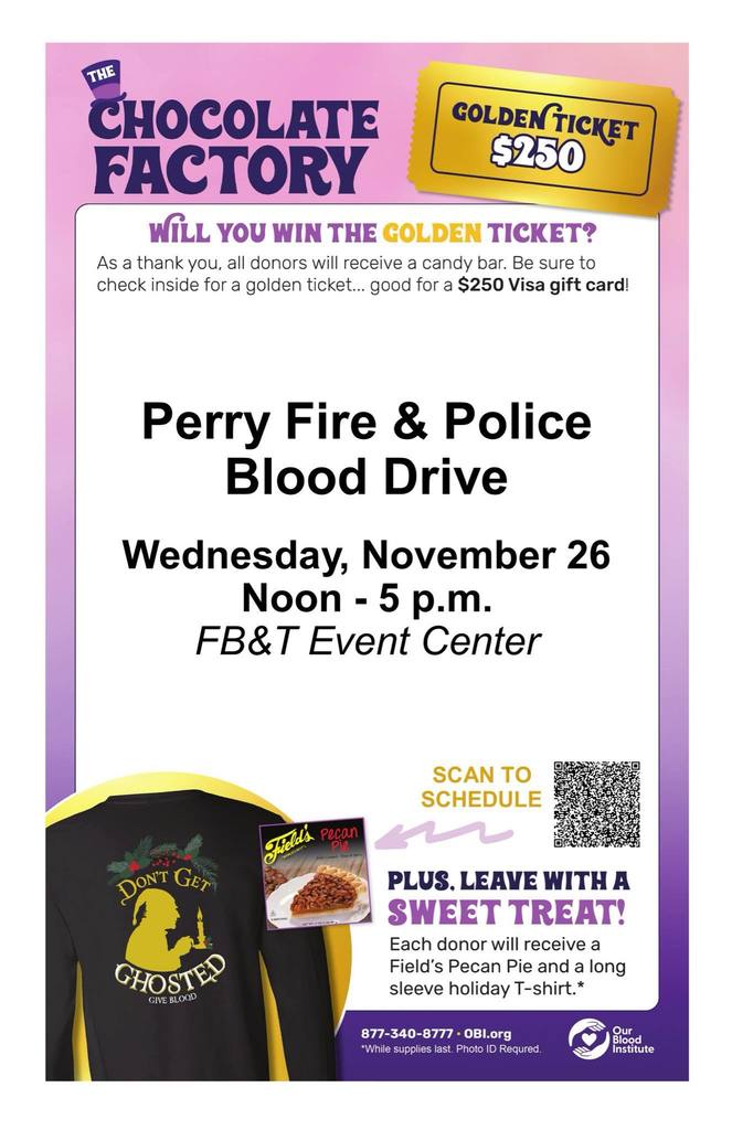 Blood Drive Nov 26th at Perry event center 12-5pm