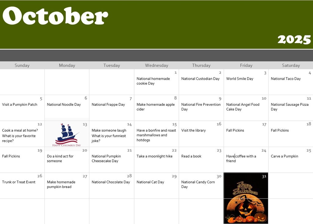 october calendar of events