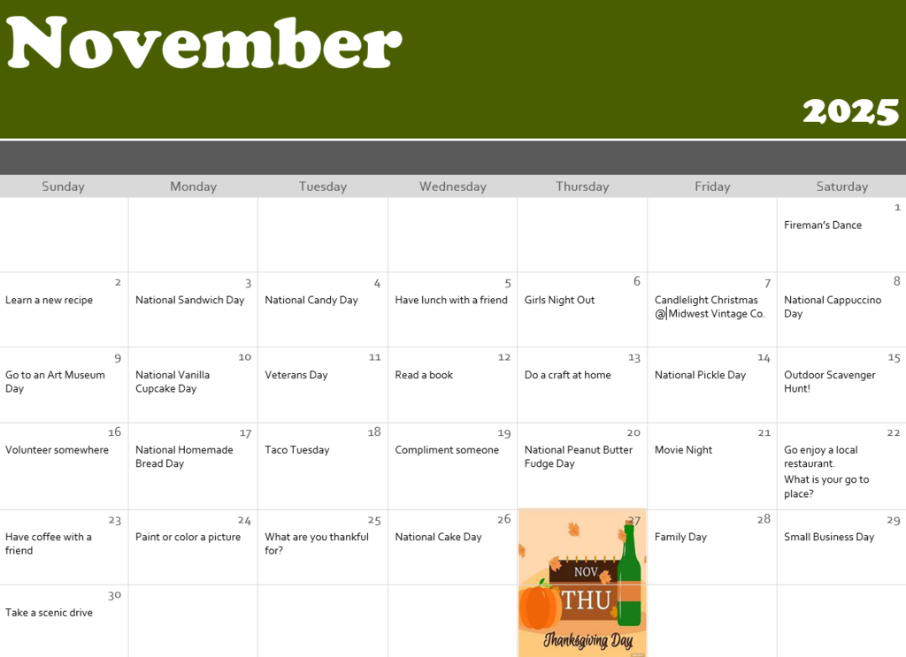 November Calendar of events