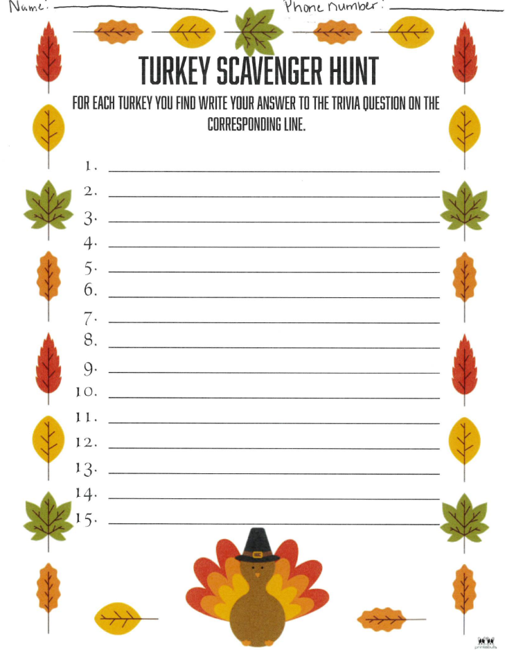 Turkey Scavenger hunt sheet