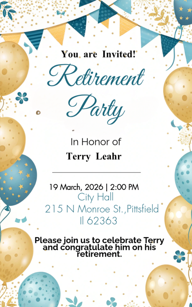 Terry Leahr retirement party on march 19th at city hall 