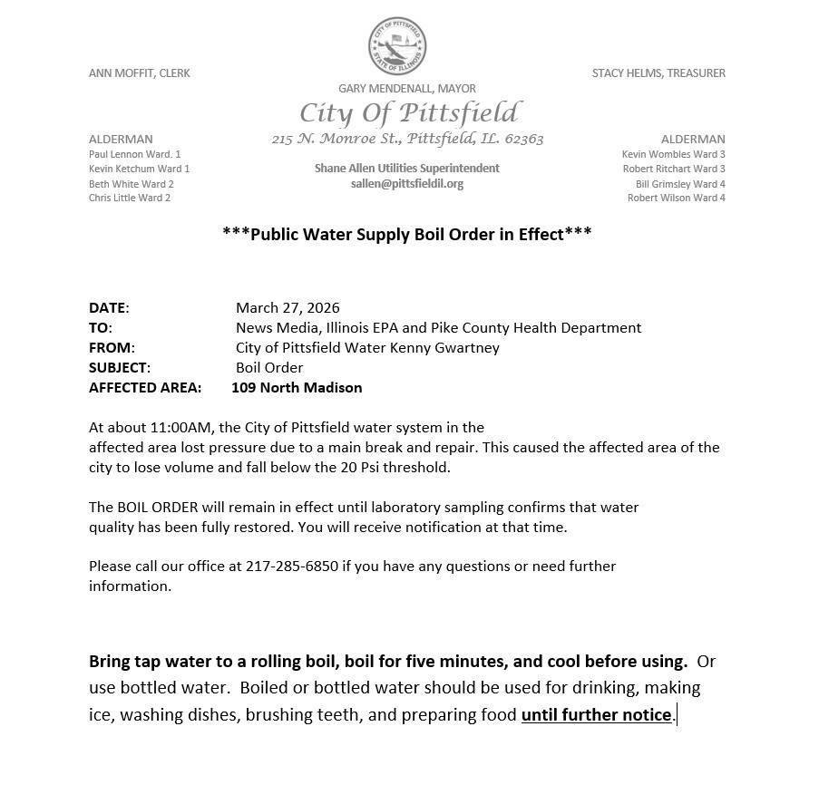boil order in effect for 109 n madison until further notice as of march 27th