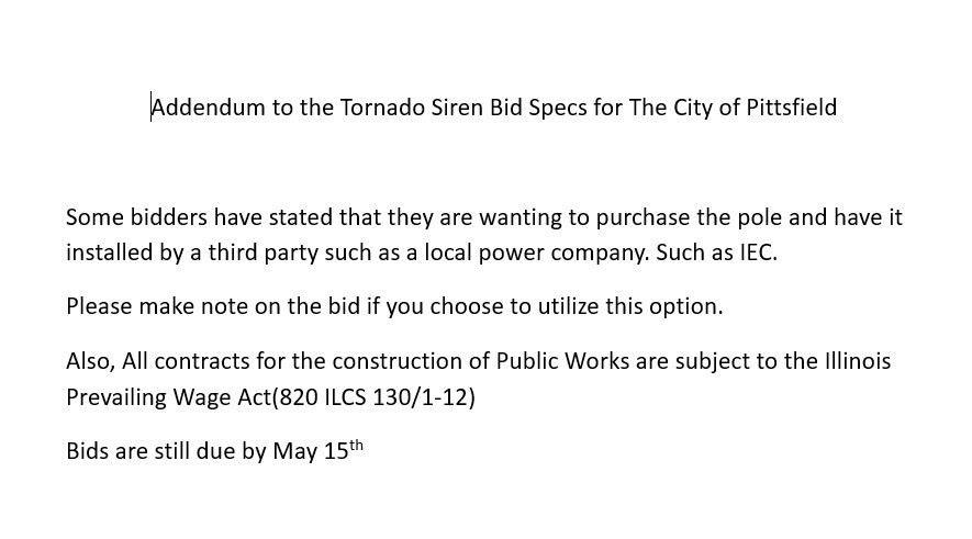 addendum to Tornado Siren Bid Specs for the city of pittsfield