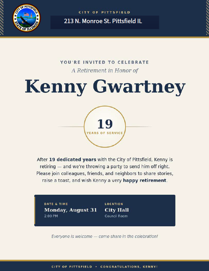 You are invited to Kenny Gwartneys retirement party 2pm on Monday August 31st