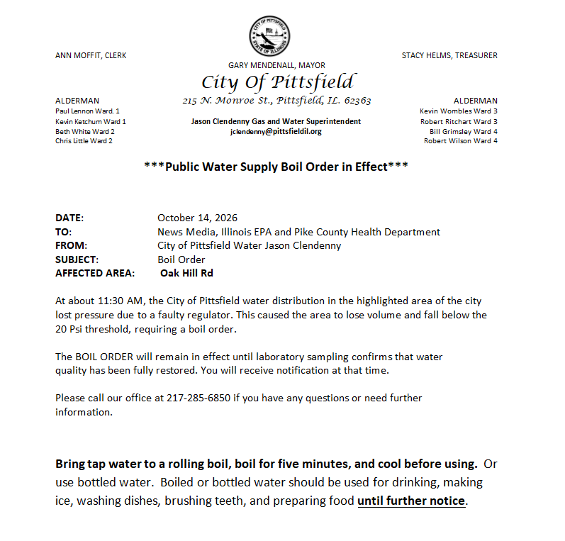 boil order notice for oak hill road for 10/14