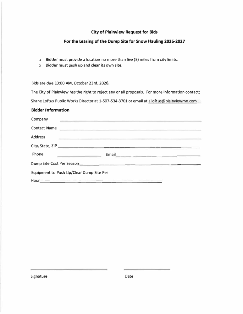 Leasing of the Dump Site for Snow Hauling 2026-2027 Snow Season