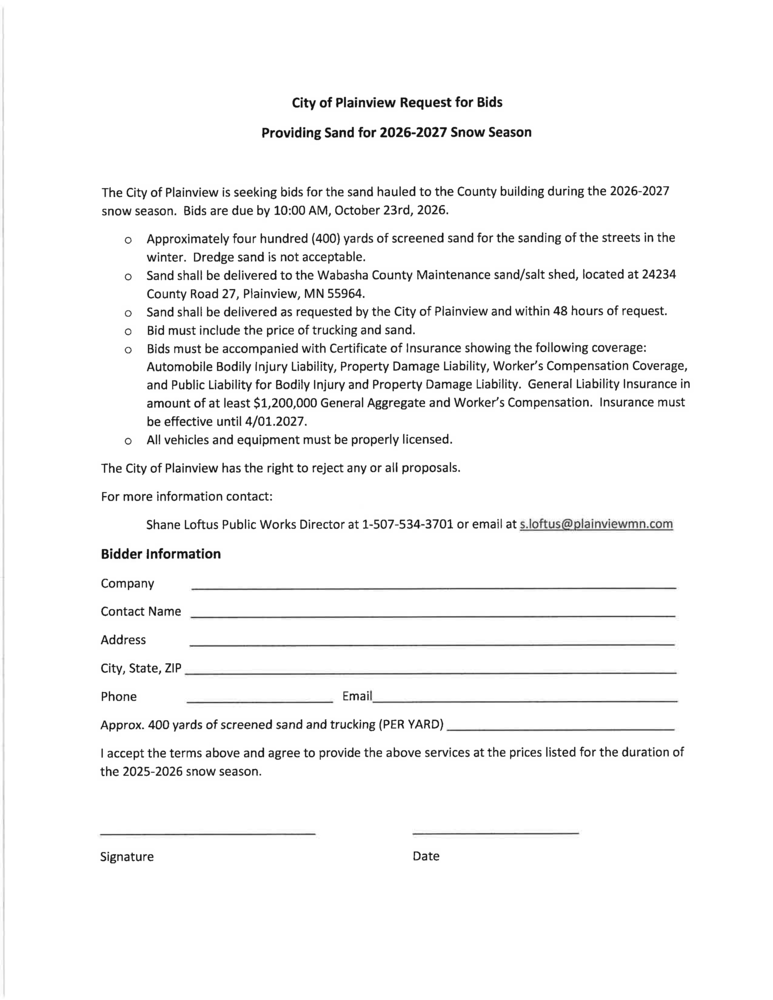Bid for Providing Sand for 2026-2027 Snow Season