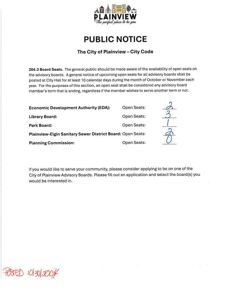 Public Notice - Availability of open seats on Advisory Boards for the City of Plainview.
