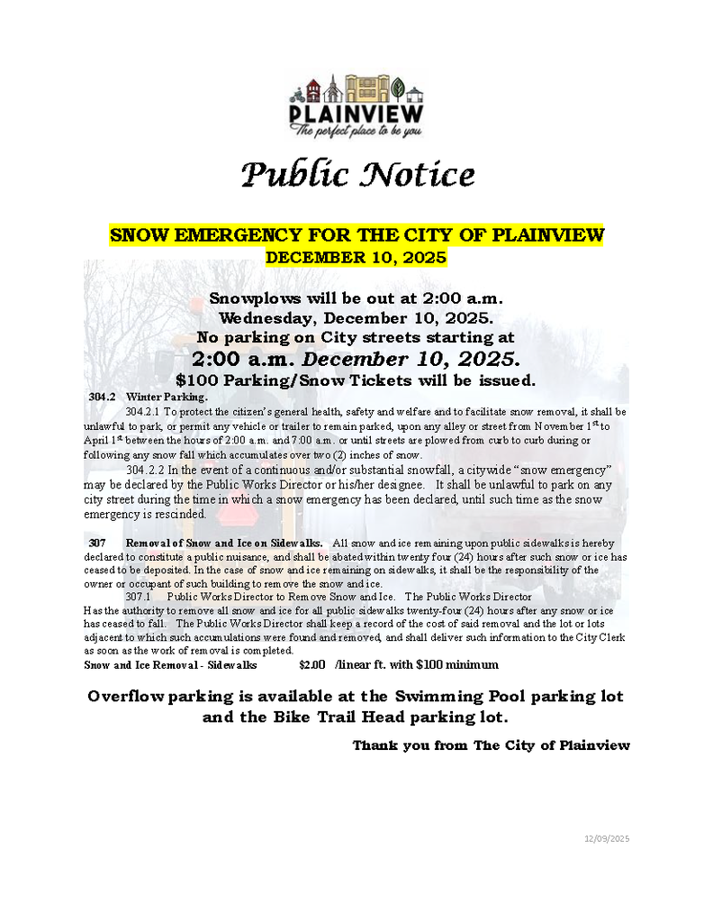 Snow Emergency Issued for the City of Plainview December 10, 2025.